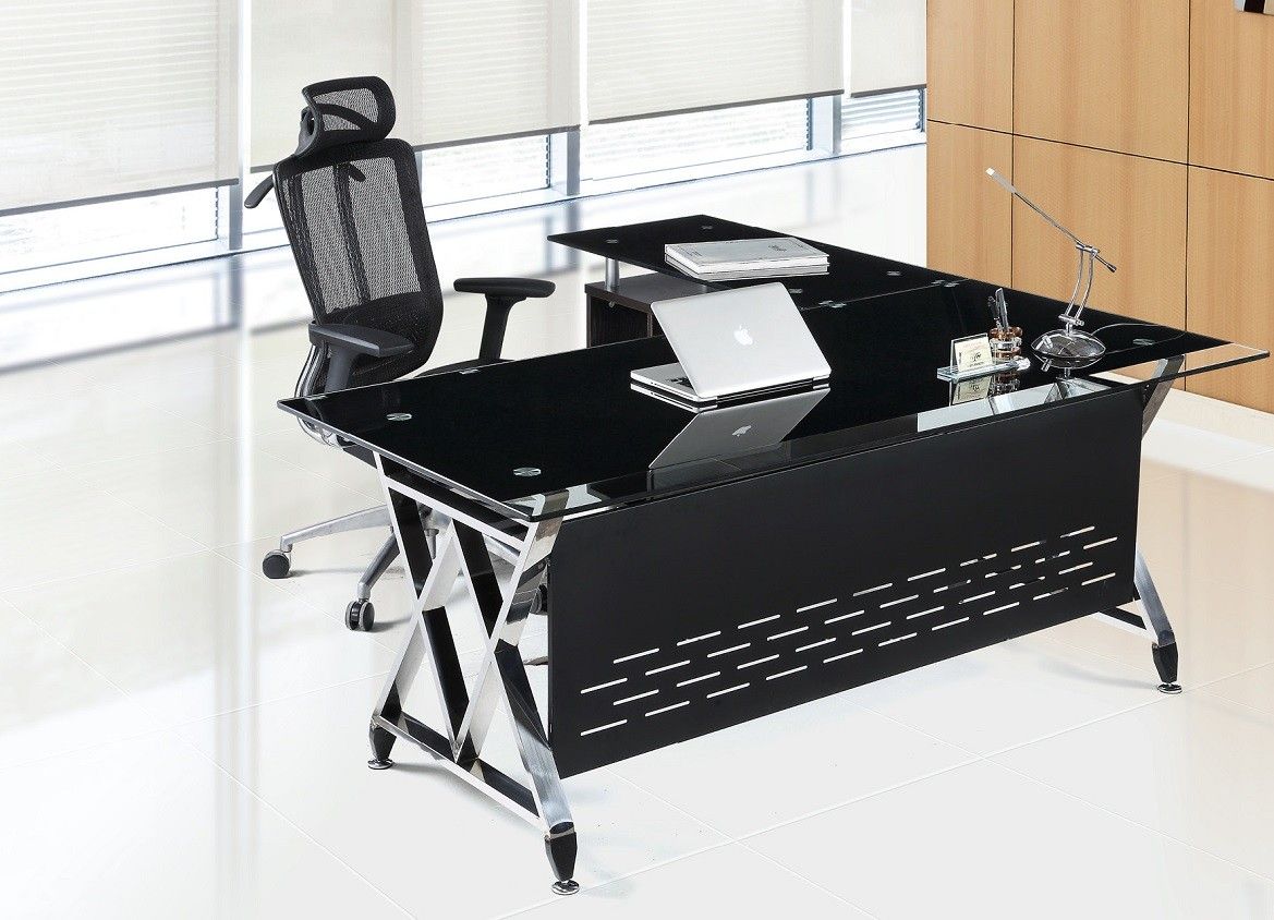 Mesa de oficina LESSOC, mueble a izquierda, cristal, 160x80 cms